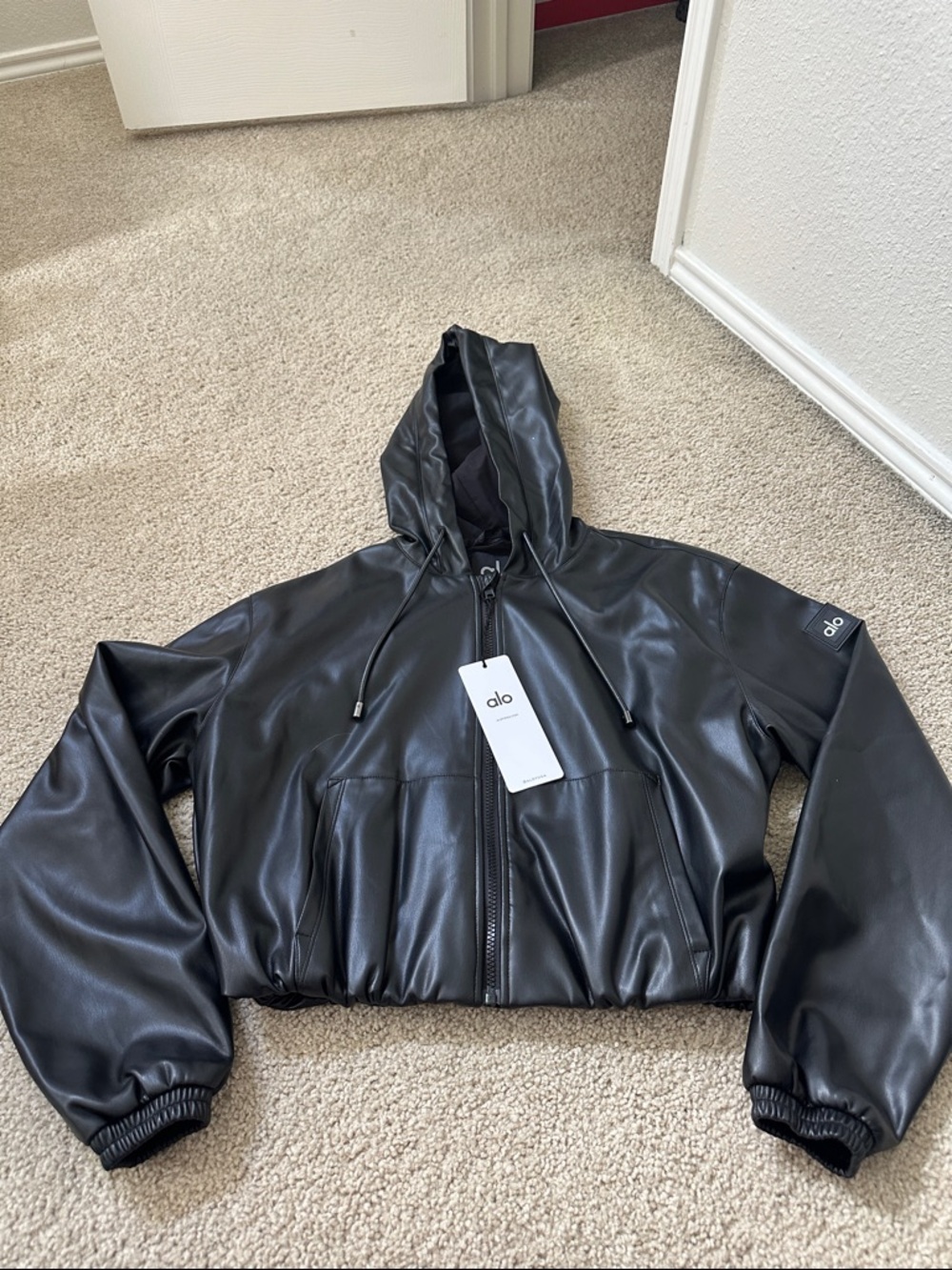 ALO Yoga Black Cropped Faux Leather Hooded Bomber Jacket